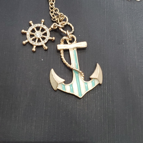 Euc Blue and White Enamel Anchor and Rhinestone Wheel in Gold Tone Setting Chain - Picture 6 of 7